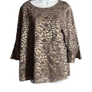 Adrianna Papell Women's Laced Mesh Leaf Pattern Metallic Gray Flouncy Sleeves XL